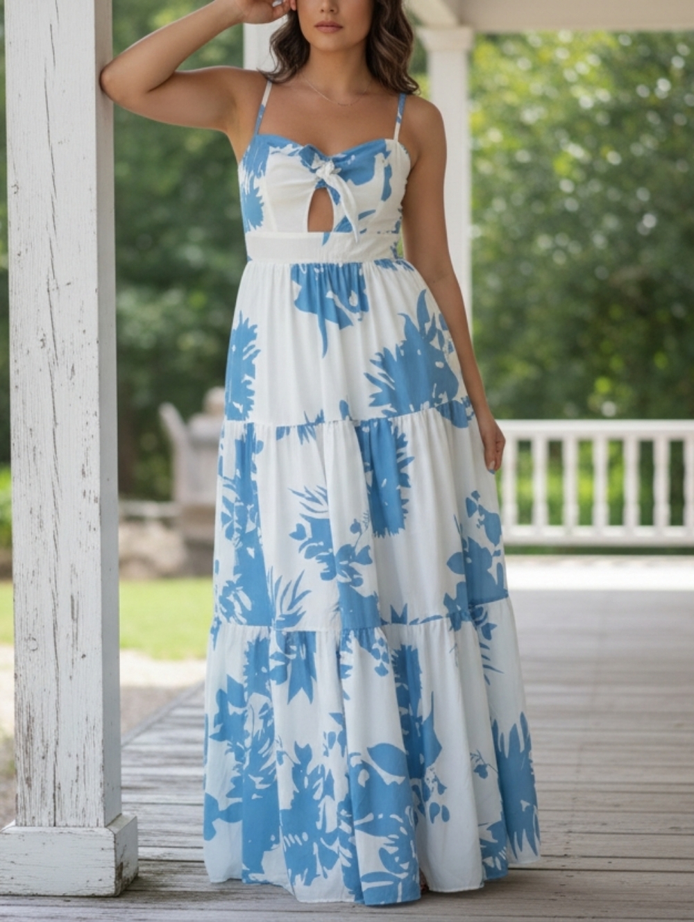 Floral Tie Front Chest Cut Out Sweetheart Neck Empire Waist Tiered Maxi Dress
